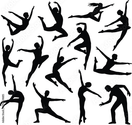 Dance silhouette, expressive pose collection, black motion icons, dynamic movement design, graceful body artwork, physical gesture, human action illustration