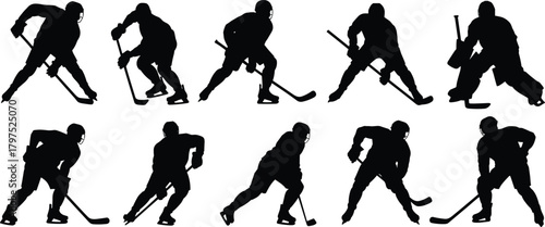 Hockey player silhouette, ice hockey action, black sports icon, skating pose design, goalie graphic, puck control, team sport illustration