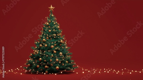 Árbol de Navidad decorado con adornos de color dorado y verde sobre fondo de color rojo