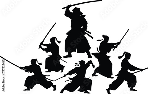 Samurai silhouette, warrior pose design, katana fighter icons, Japanese martial art, black combat graphic, traditional armor, bushido spirit illustration
