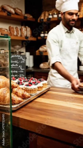 Bakery display with assorted pastries bread and baked goods showcase