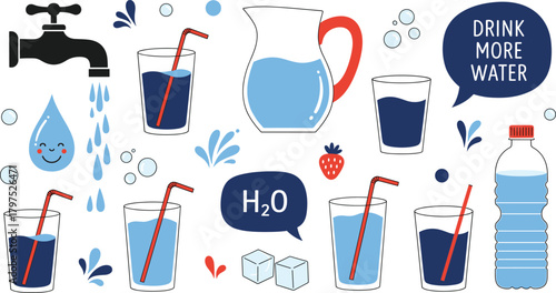 Set of Water and Hydration Health Elements Including Water Tap, Glasses, Bottle, Pitcher, Ice Cubes, and $H_2O$ Symbol for Healthy Lifestyle and Drinking Vector Illustration