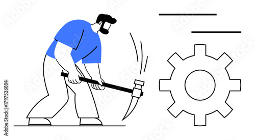 Man swinging pickaxe near large mechanical gear, representing labor and innovation. Ideal for industry, workforce, productivity, construction, manufacturing, teamwork creativity themes. Simple flat