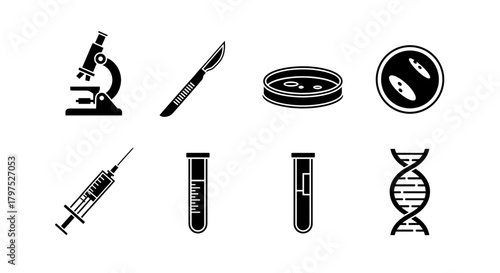 Essential medical tools and equipment icons for innovative healthcare solutions and advanced scientific research in modern black and white design
