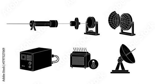 Scientific apparatus for experiment and measurement, including antennas and laser system. Tech illustration perfect for science and engineering content.