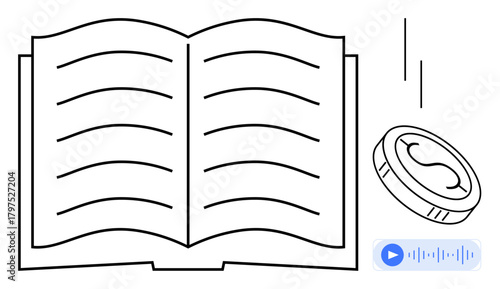 Open book with horizontal lines, coin spinning mid-air, and audio play button. Ideal for education, literacy, financial planning, accessibility, online learning audiobook knowledge sharing. Simple