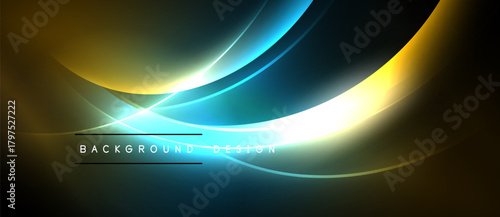 Abstract neon lines create dynamic curves, glowing shapes. Dark background emphasizes bright colors, modern design element.