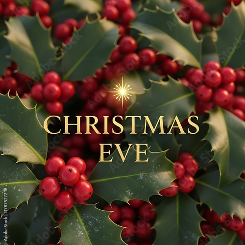 Christmas Eve text overlay on a close-up of holly with red berries and pine needles green