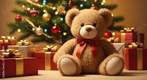Adorable fluffy teddy bear with a red ribbon sits in front of a decorated christmas tree surrounded by festive gift boxes