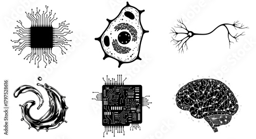 Modern science illustrations showcase cutting-edge research in technology, medicine, and neuroscience for educational materials and advanced tech presentations