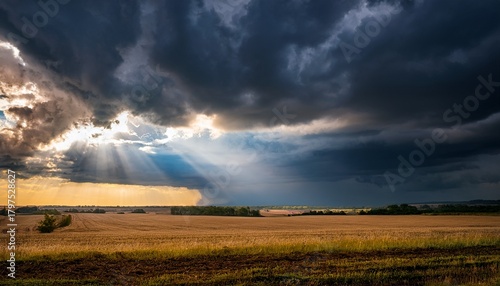 A Dramatic Stormy Sky With Rays Of Sunlight Breaking Through The Clouds Over An Open Field