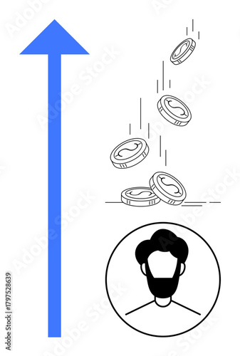 Blue arrow signifies growth, falling coins represent earnings or investment, while male profile adds human element. Ideal for finance, investment, success, growth, wealth planning, achievements