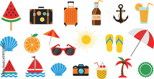 Flat Design Summer Holiday and Vacation Icons Set, Including Watermelon, Sunglasses, Suitcase, Palm Tree, and Beach Travel Elements Vector Illustration