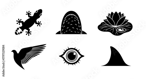 Striking black silhouettes with a mystical vibe featuring a bird, reptile, eye, shark, and flower, perfect for edgy designs and creative projects