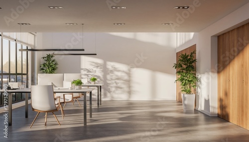 Modern Office: A contemporary office space, bathed in natural light, offers a sleek and inviting environment for productivity and collaboration. Featuring minimalist design and clean lines.