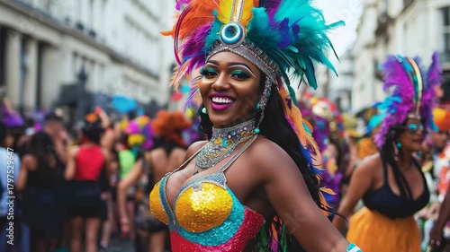 Carnival Queen: Captured in the heart of a vibrant street parade, a radiant woman in an exquisite costume exudes joy, radiating energy amidst the celebratory atmosphere. 