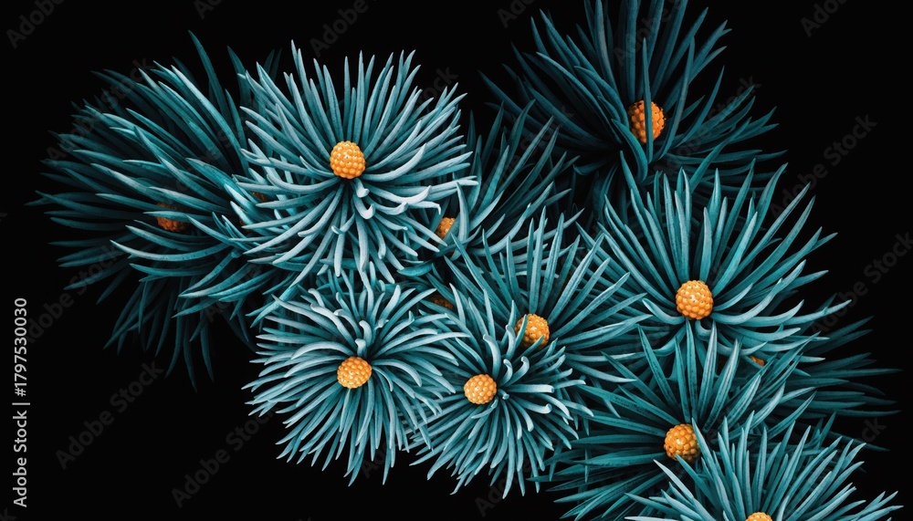 Fototapeta premium Blue Spruce Beauty: A macro shot captures the intricate details of blue spruce needles, with their distinctive blue-green hue and delicate structure, contrasted against a dark background.
