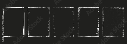 Old paper pages overlay texture with torn, grain, worn, and grunge effects. Vintage photo frame stamp templates, distressed old paper stamp overlay texture. Vector graphic set.