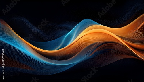 abstract blue and orange color waves on grainy black background