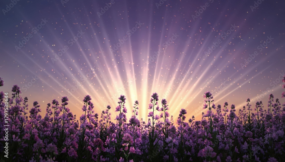 Fototapeta premium Sky Burst over Lavender Field: the sun's radiant rays ignite the sky above a sea of lavender flowers, painting a breathtaking vista that embodies tranquility and serenity.