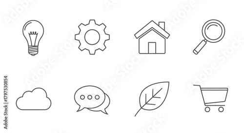 Set of Simple Web Icons Lightbulb, Gear, Home, Search, Cloud, Chat, Leaf, and Cart