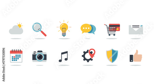 Collection of Flat Design Icons Representing Various Concepts and Categories