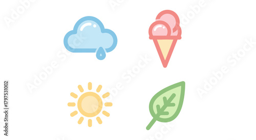 Four simple icons representing different weather conditions and seasons a cloud with rain, a cone of ice cream, a sun, and a leaf
