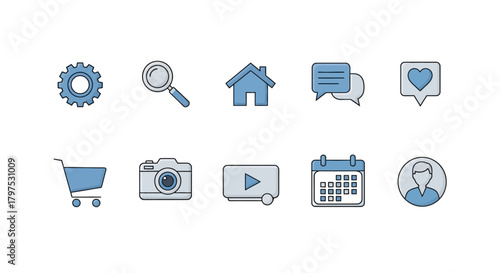 A versatile collection of modern two-color line art icons for web design, user interface elements, and application navigation