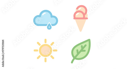 Set of weather and nature icons including rain, ice cream, sun, and a leaf, suitable for various designs