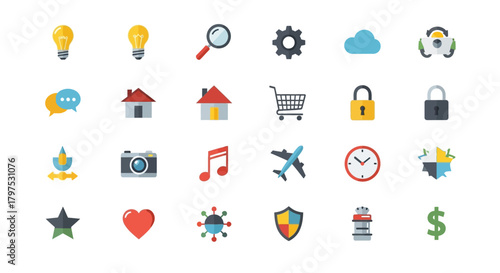 Collection of Flat Design Icons Representing Various Concepts Technology, Business, and Everyday Life