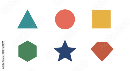 Collection of Six Geometric Shapes in Various Colors on a White Background