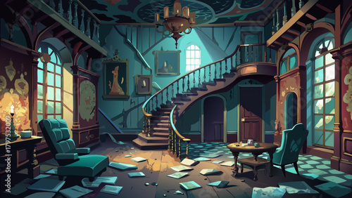 Very beautiful eerie interior of an abandoned Victorian building, featuring a broken staircase, scattered antique furniture, peeling wallpaper, and dim, atmospheric lighting that creates a haunting,