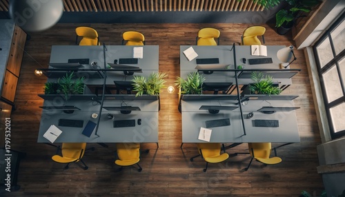 Modern Office Space: An elevated view showcases a sleek, contemporary office layout, with neatly arranged desks and chairs, softened by the inclusion of plants.