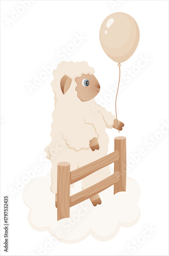 Little lamb with a balloon standing on a cloud by a wooden fence. Illustration in neutral tones. Funny cartoon lamb for childrens design, baby shower decoration, nursery prints, and cards.