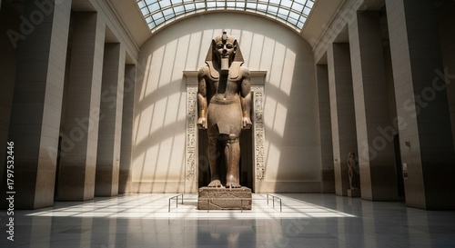 Grand Egyptian statue stands tall in sunlit hall of ancient artifacts