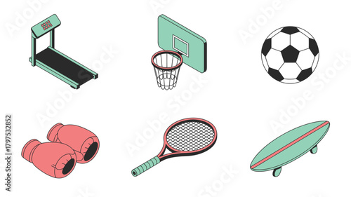 Isometric sport equipment set including treadmill basketball hoop soccer ball boxing gloves tennis racket and skateboard vector illustration isolated on white
