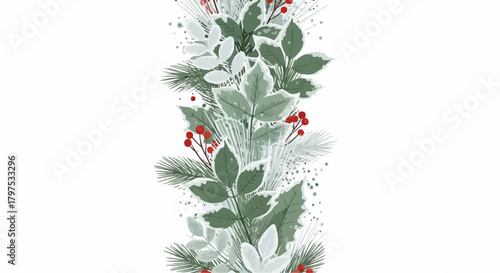 Seamless Christmas Winter Vector Border with Green Holly Leaves and Red Berries, Festive Decoration Element