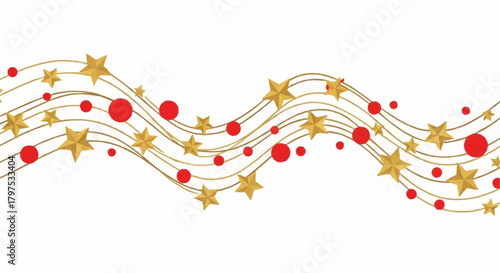 Elegant Christmas Vector Golden Stars and Red Orbs on Winter Holiday Waves