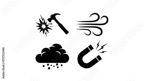 Vector illustration of set of icons representing force, weather, and magnetism on a transparent background