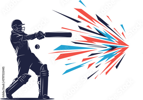 Dynamic illustration of a cricket batsman in action, hitting the ball with explosive energy and speed