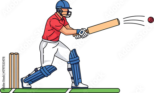 Cricket player batting with a bat and ball on a field with stumps, depicting a dynamic sports action scene