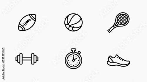 Sports equipment line icon set vector outline illustration of fitness and game elements isolated on white background
