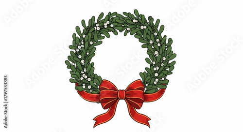 Vector illustration of a festive winter Christmas wreath, adorned with green foliage, white berries, and a vibrant red bow, perfect for holiday designs and seasonal decor