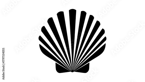 Vector illustration of black and white illustration of a scallop seashell with radiating lines on a transparent background