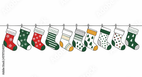 Festive vector illustration of a row of colorful Christmas stockings hanging on a line, perfect for winter holiday designs