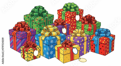 Vector illustration of a colorful pile of Christmas gifts, perfect for winter holiday designs