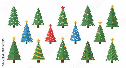 Collection of vector Christmas trees representing winter holidays, festive decorations, and seasonal cheer in a stylized graphic art