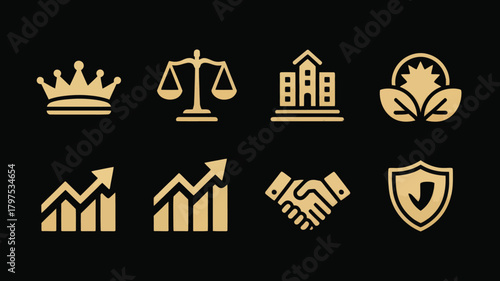 Collection of golden business icons simple vector glyph design elements isolated on a black background for web and mobile applications