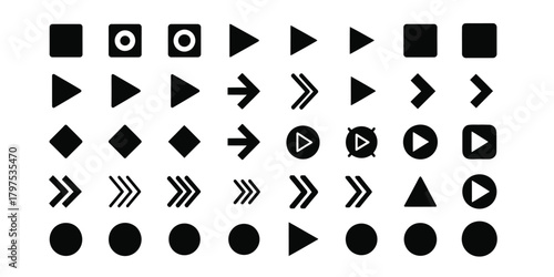 Collection of black geometric shapes and arrows on a white background for design and interface elements