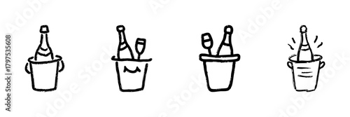 Champagne Bottle In Ice Bucket Line Icon Set In Doodle Style. Celebration, Party, And Festive Beverage Outline Sketch Collection. Hand Drawn Isolated Vector Illustration